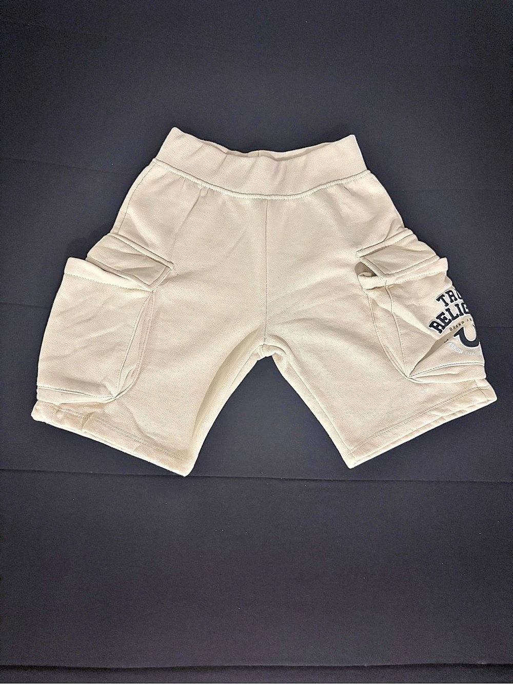 True Religion Boys Logo Fleece Cargo Sweat Shorts Cream Small